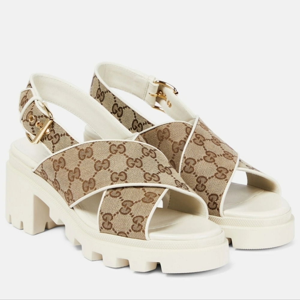 $920 Gucci Women‘s GG Supreme Lug Sole Slingback Sandals Beige EU 37 US 7 BNIB